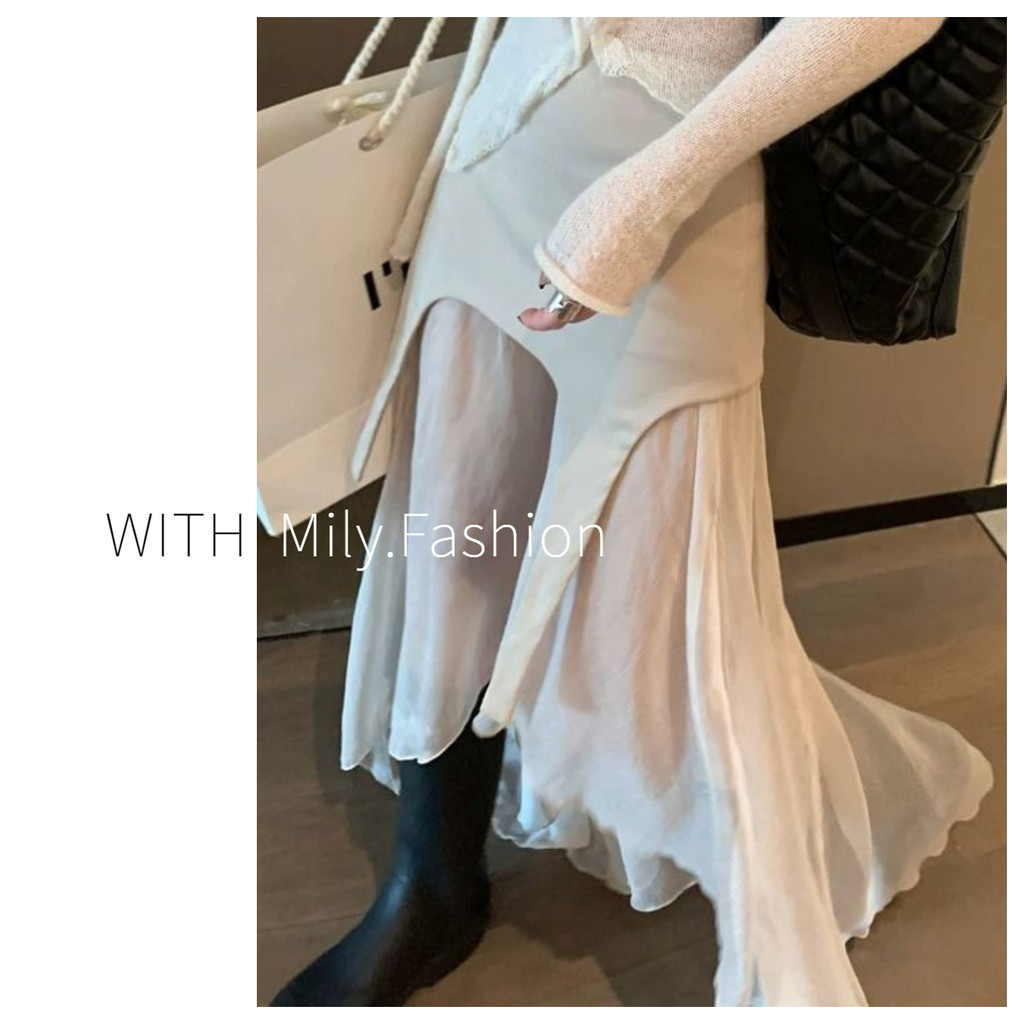 Milyfashion กระโปรงครึ่งตัวผิดปกติกระโปรงระบายเอวสูงใส่แล้วดูผอม