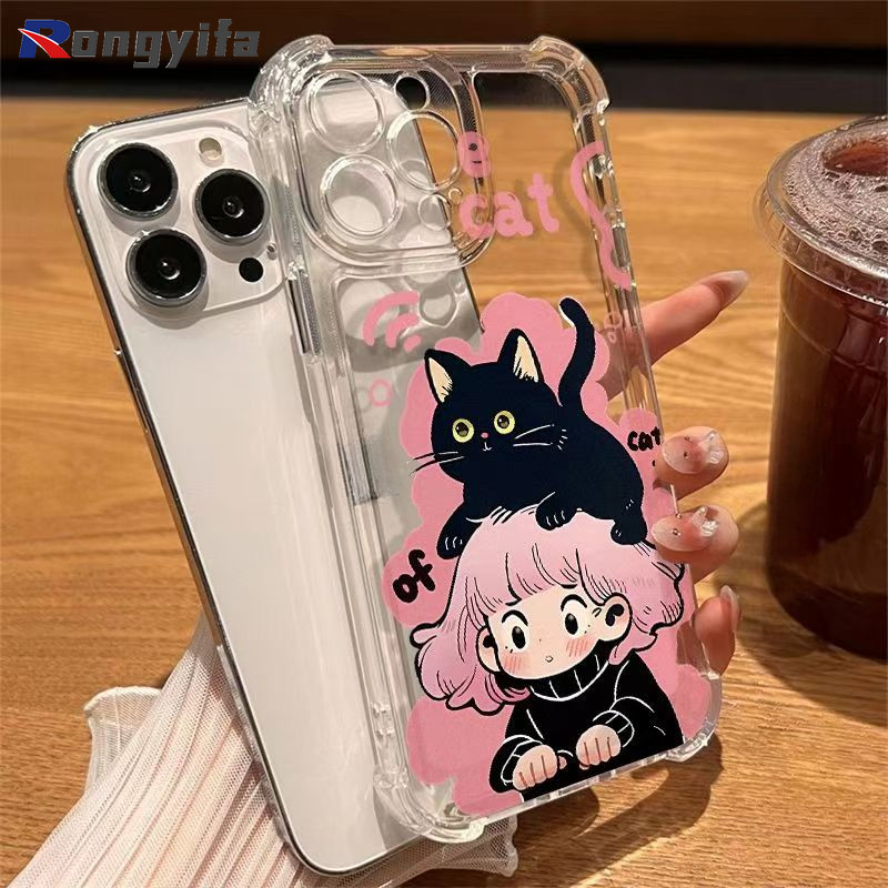 น่ารักการ์ตูนสาวปลอกสําหรับ Huawei Nova 13 Pro Honor X7C X6B X5B Plus 200 Pro Lite Magic 7 Pro ฝาครอบแมวดําสี่มุมกันกระแทกเคสโทรศัพท์ TPU นุ่ม