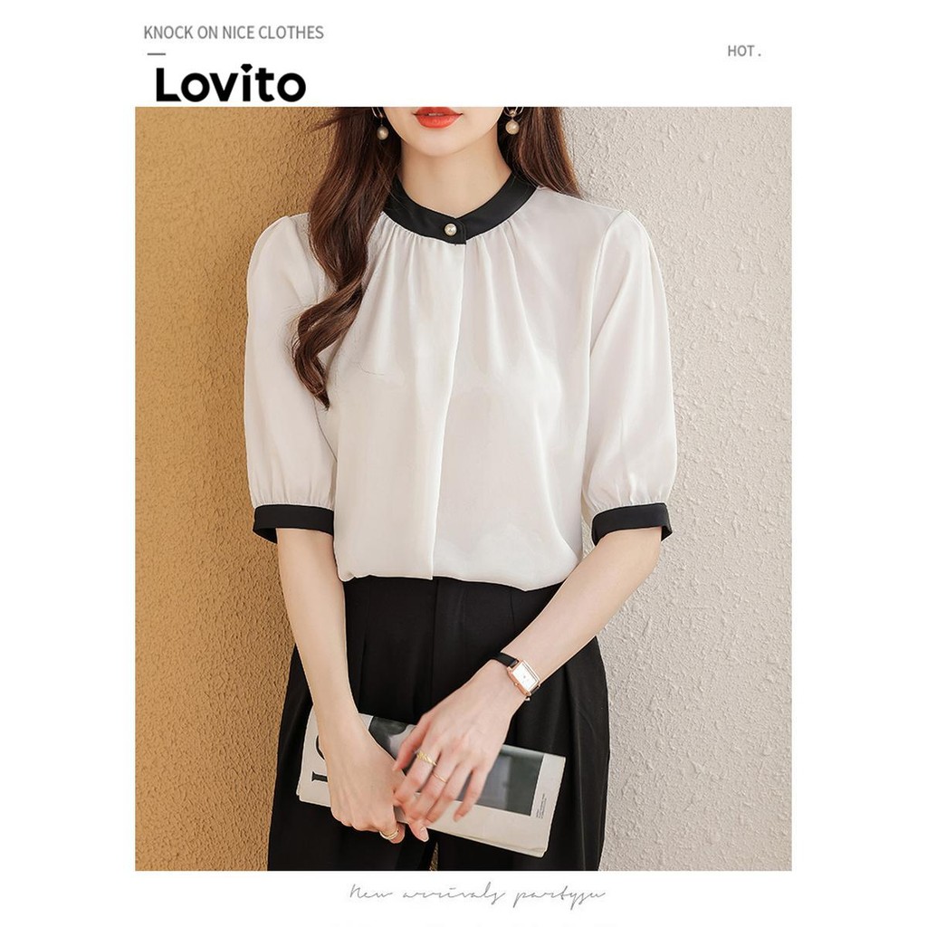 Lovito เสื้อเบลาส์ผู้หญิง บล็อกสี สีพื้น สไตล์ลำลอง LNE64340