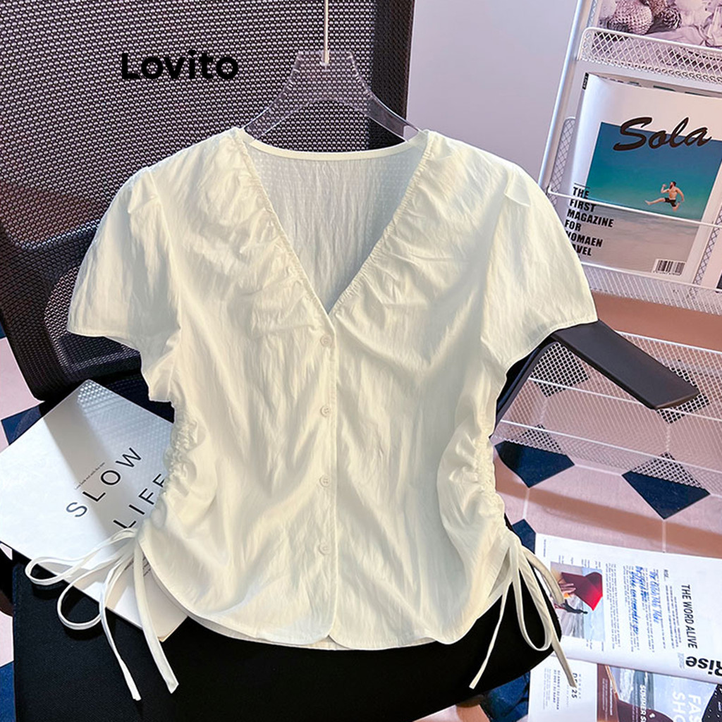 Lovito เสื้อเบลาส์ผู้หญิง รูดเชือก สีพื้น สไตล์ลำลอง LNE67467