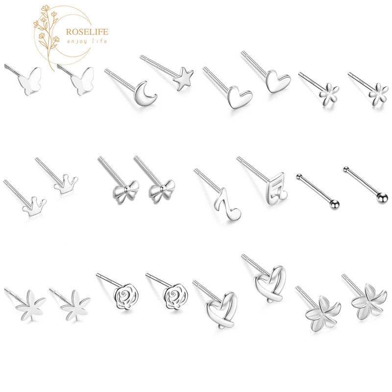 Roselife 2 ชิ้น Chic Mini S925 ต่างหูเงินสําหรับผู้หญิงสาว Minimalist สวมใส่ทุกวันต่างหู Hypoallergenic นักเรียนเครื่องประดับ