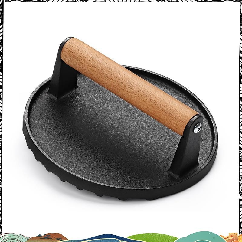 Super Burger Press 7 นิ้วเหล็กหล่อกลม Smash Bacon กดสเต็กเนื้อด้ามไม้สําหรับแซนวิช, กระทะนอนสติ๊ก