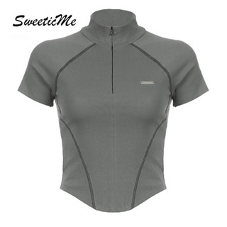 SweeticMe เสื้อสตรีแฟชั่นใหม่สีทึบสลิมฟิตแขนสั้นเสื้อยืดกีฬา…