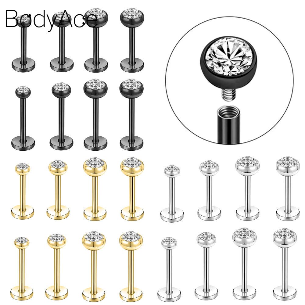 Bodyace 16G/18G หูเจาะ 1 PC สแตนเลสสตีลหูคริสตัลสตั๊ดต่างหู Lobe ต่างหูด้ายภายในเครื่องประดับ