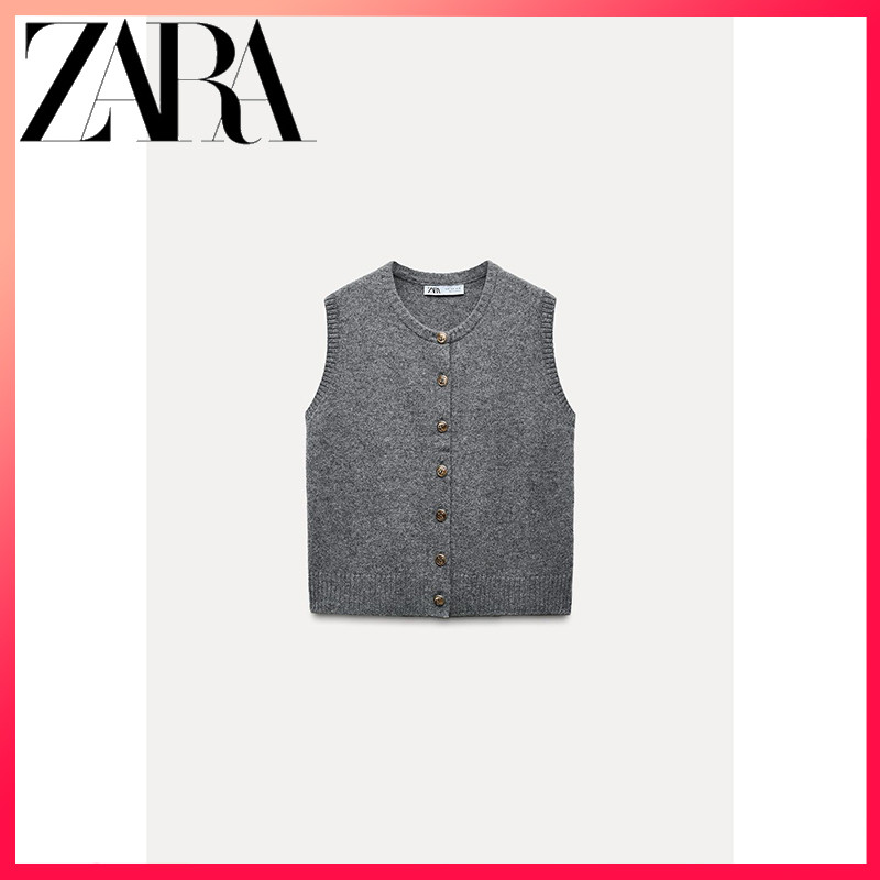 ZARA ซาร่า สินค้าใหม่เสื้อผ้าสตรีถักคอกลมปุ่มเสื้อกั๊กแขนกุด
