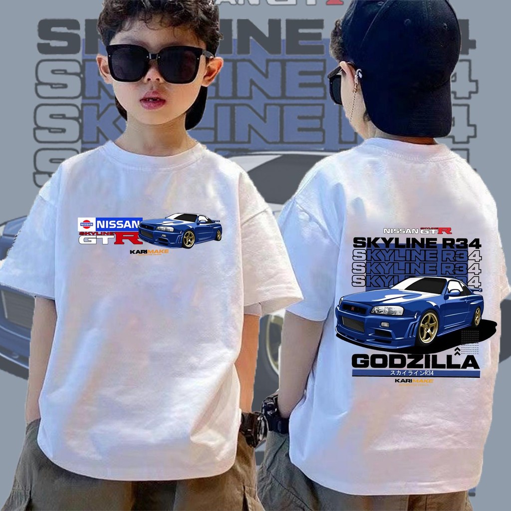 GTR R34 ฤดูร้อน เสื้อยืด kids ผ้าฝ้ายแท้ car เสื้อยืดพิมพ์ลาย เหมาะสำหรับผู้ชายและผู้หญิง 90-150
