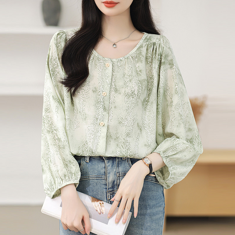 หลายสียาวชีฟองพิมพ์เสื้อผู้หญิงรอบคอด้านบนอเนกประสงค์ โกง สไตล์หลวม บวก ขนาด