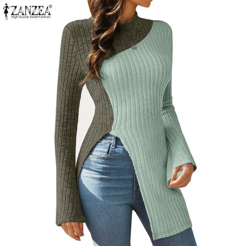Zanzea ผู้หญิงแฟชั่นคอตั้งแขนยาว Splicing Hem แยกเสื้อถัก