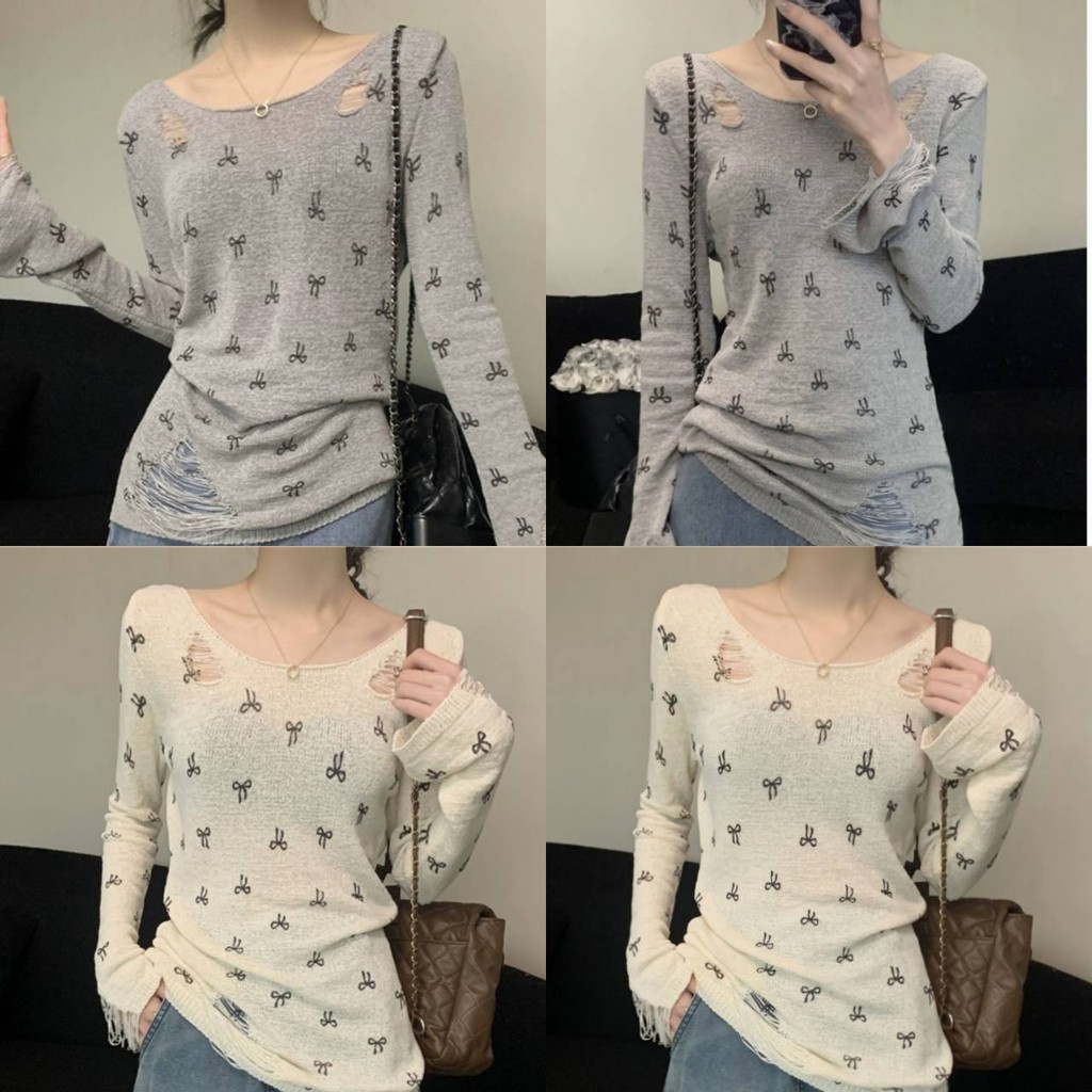 พร้อมส่งจากไทย (Y6526) เสื้อไหมพรมแขนยาว คอกลม ดีเทลซีทรู ลายโบว์