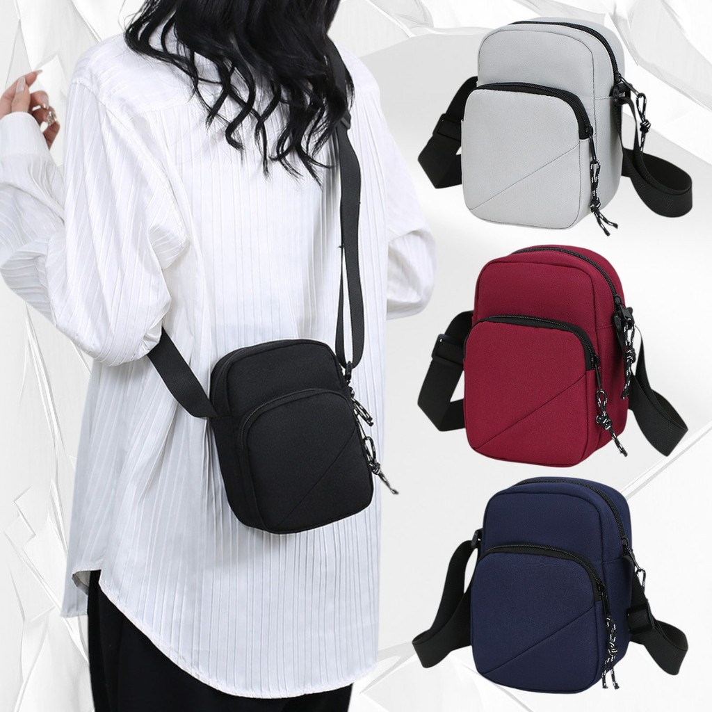 (w206) กระเป๋าสะพายข้างชายหญิง 2ซิป ขนาดกะทัดลัด ใส่ มือถือขนาดใหญ่ได้