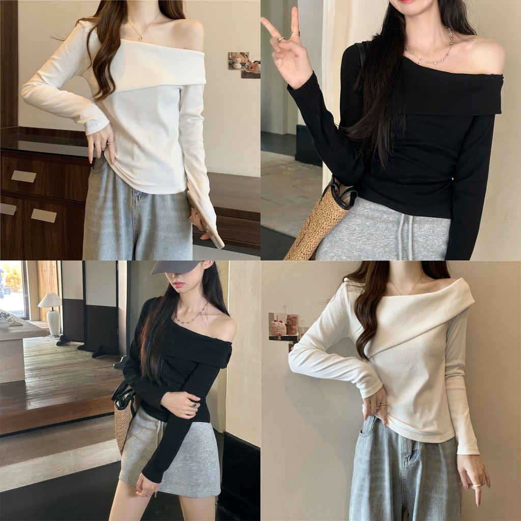 Evelyn เสื้อไหมพรมแขนยาว ผู้หญิง เปิดไหล่ ผ้าร่อง เสื้อปาดไหล่ข้างเดียว สีพื้นยืดตามตัวฟิลเกาหลี ใส่สบาย#Y9817