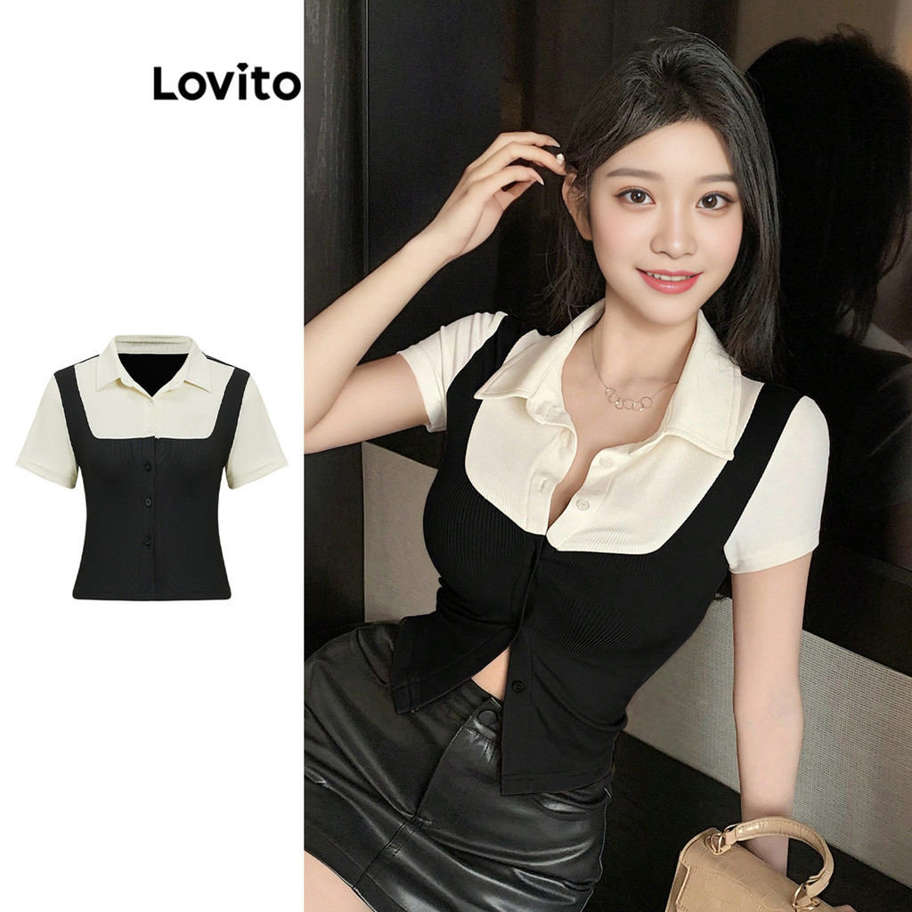 Lovito เสื้อเบลาส์ สีบล็อกลำลองสำหรับผู้หญิง L104ED391