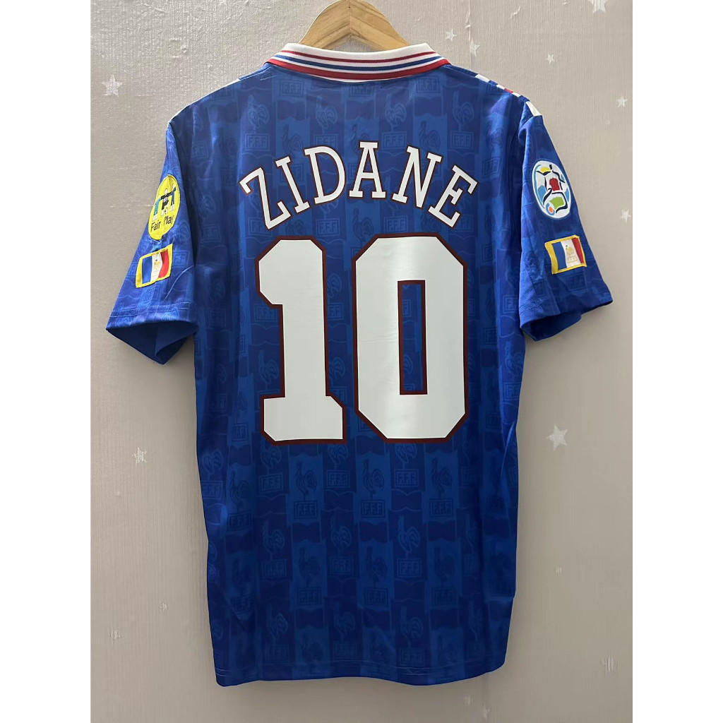 1996 ฝรั่งเศสคุณภาพสูง Home Retro Soccer Jersey เสื้อยืดที่กําหนดเองเสื้อฟุตบอล ZIDANE DESCHAMPS คุณภาพสูง