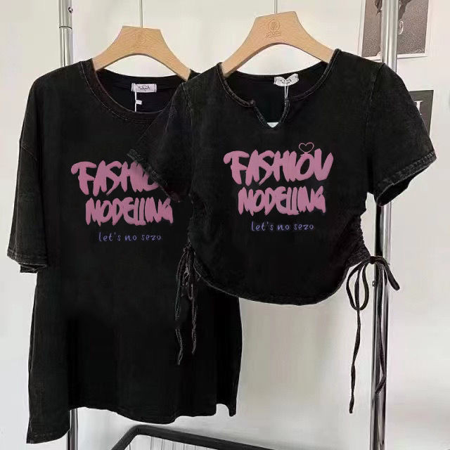 100% ป้องกันการยิงเสื้อทีเชิ้ตแขนสั้นล้างแบบวินเทจสไตล์อเมริกันสำหรับผู้หญิงเสื้อสาวฮอตแบบสั้นเชือกรูดออกแบบเฉพาะ
