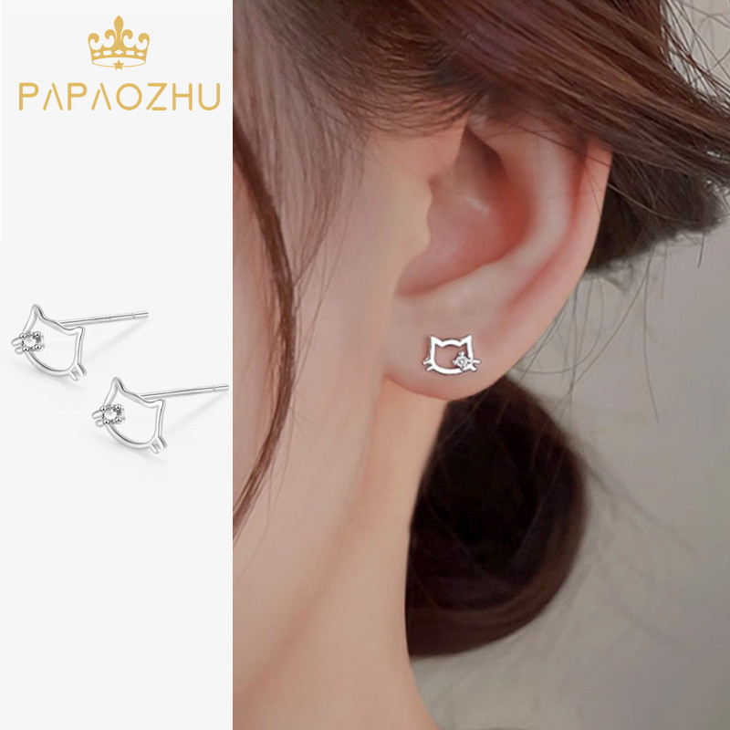 Papaozhu ที่ละเอียดอ่อน s925 เงินน่ารักแมวแมวสตั๊ดต่างหูผู้หญิงแฟชั่น Kitty หู Studs เครื่องประดับอุปกรณ์เสริม