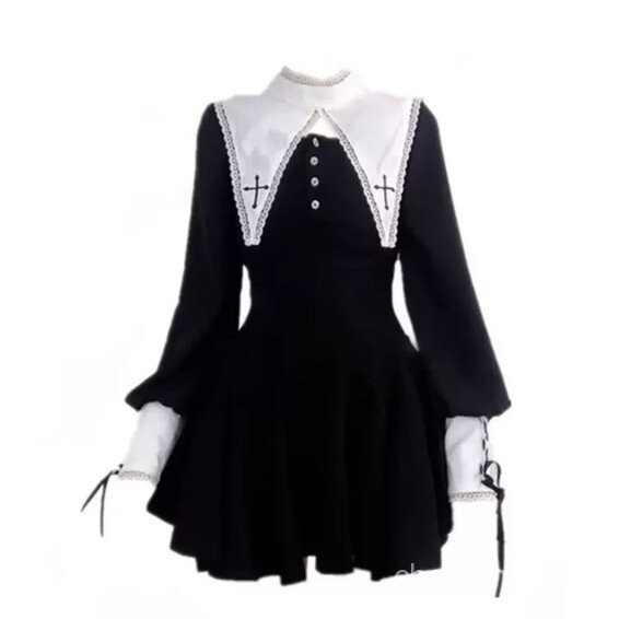ฮาโลวีนสามารถบริสุทธิ์และปรารถนาได้ชุดเดรสสองชิ้นปลอมไร้เดียงสา Maria Dark Gothic แม่ชีชุดฮาโลวีนหวานและเผ็ด