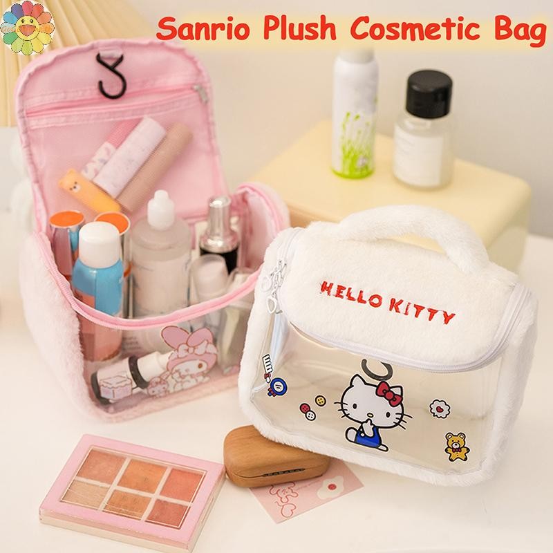 Gogo Sanrio Hello Kitty Plush กระเป๋าเครื่องสําอางใส Kuromi My Melody กระเป๋าแต่งหน้าความจุขนาดใหญ่กระเป๋าเดินทางแบบพกพาล้างกระเป๋า TH