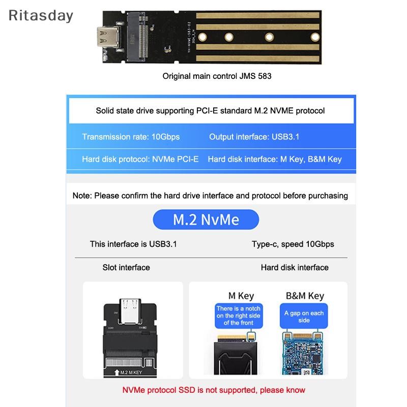 Ritasday M.2 NVME PCIe NGFF SATA Protocol Case Clear USB Type C 10Gbps PCI-E โปร่งใสฮาร์ดดิสก์ภายนอกกล่องสําหรับแล็ปท็อปโทรศัพท์ใหม่