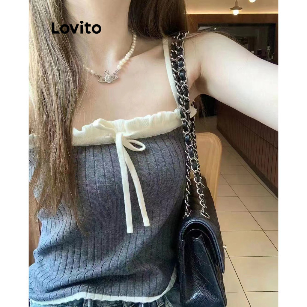 ซื้อ Lovito เสื้อถักผู้หญิง ผูกเชือก สีพื้น สไตล์น่ารัก LNA64415