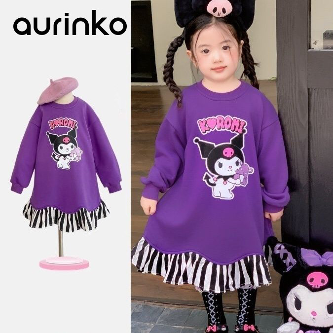 [Aurinko] เสื้อผ้าผู้หญิง ชุดเด็กผู้หญิง สีทึบ Kuromi ถักร้อยจีบ แต่งตัว เหมาะสำหรับฤดูใบไม้ร่วงและฤดูหนาว 90-140 หลา