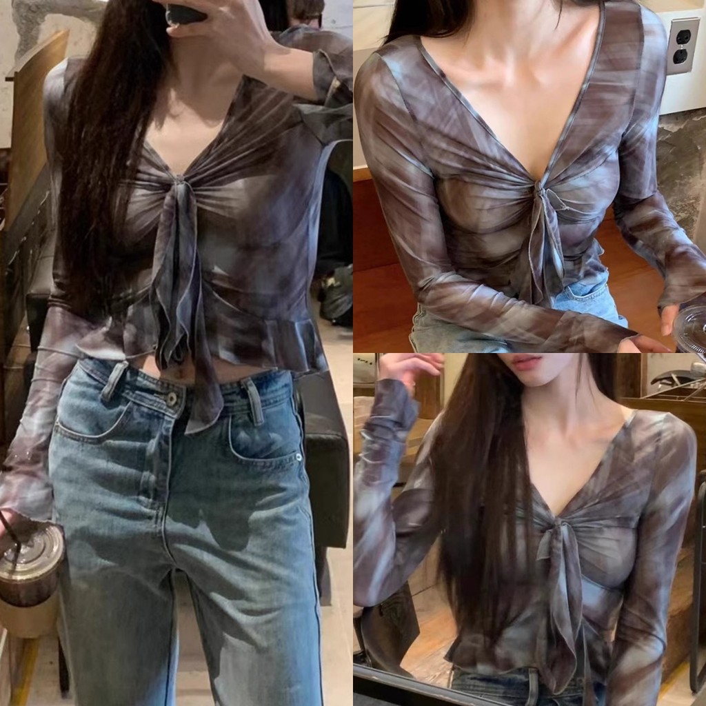 Bonnie เสื้อคอวีแขนยาว ผู้หญิง ผ้าซีทรูลายมัดย้อมน่ารักมาก ปริ้วๆทิ้งตัว เซ็กซี่ สไตล์ลำลอง ส่งไวจากไทย#19305
