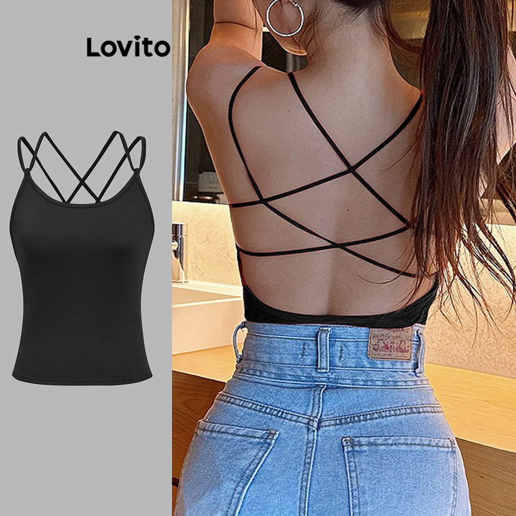 Lovito เสื้อกล้ามไขว้หลังแบบไม่มีหลังแบบธรรมดาสำหรับผู้หญิง L105MD497