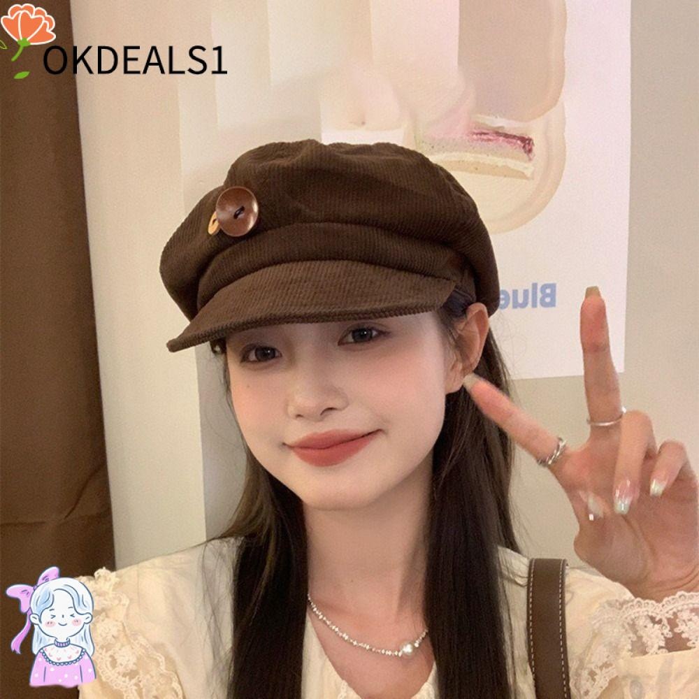 ดีลช็อป หมวกเบสบอลผ้าลูกฟูก,ตกแต่งปุ่มคู่ กันลม หมวกแปดเหลี่ยม,ที่เรียบง่ายปรับเบเร่ต์ให้อบอุ่นหนังสือพิมพ์หมวกกลา
