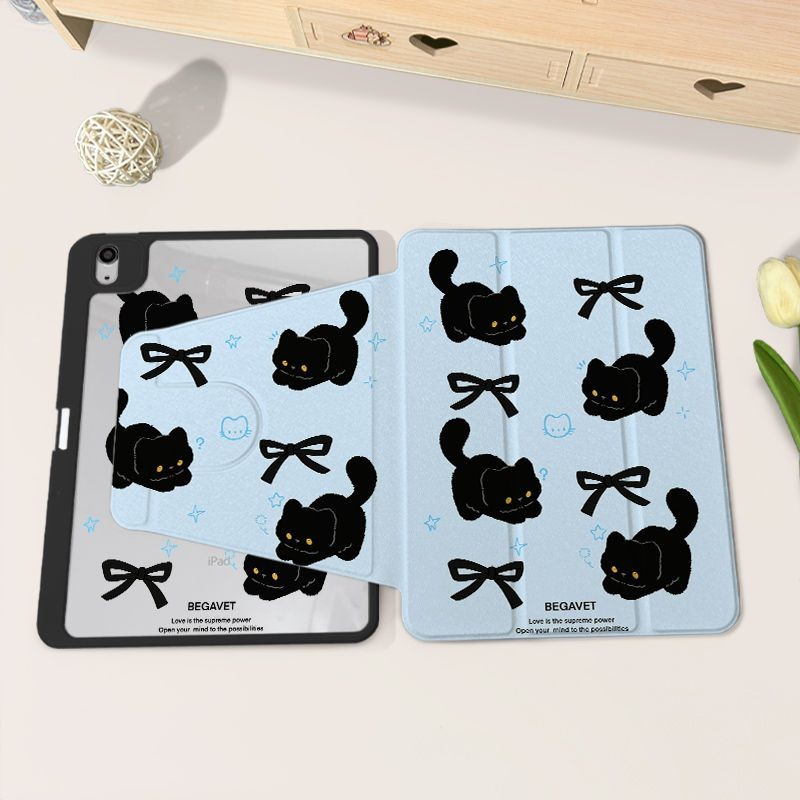 720° เคส iPad หมุนได้พร้อมช่องเสียบปากกาโบว์แมวดําหมีสีน้ําตาลอะคริลิค Backboard Pro11 Gen10 Gen9 Gen8 Gen7 10.2 นิ้ว Gen6 Gen5 Air6 Air5 Air4 Air3 Air2 ฝาครอบ iPad หมุนได้