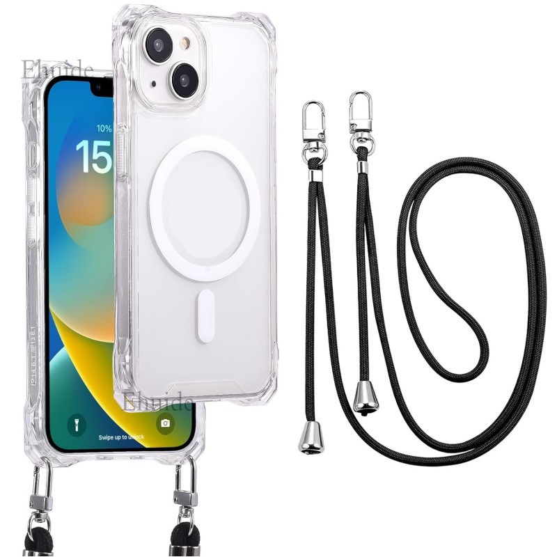 IPhone 16 15 13 12 11 14 Pro Max 15 16 Plus Magnetic Strap Case Crossbody Lanyard Adjustable Rope Clear PC Cover