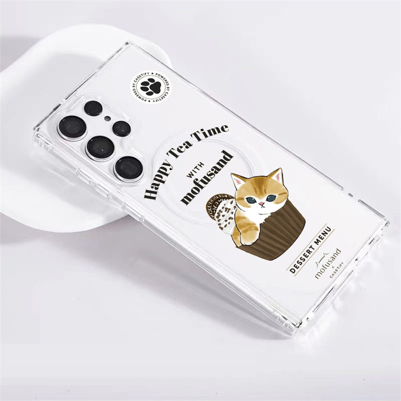 น่ารัก MOFUSAND แมวรสขนมเค้ก Hard กันกระแทกถุงลมนิรภัยแม่เหล็กสําหรับ Samsung S24 Ultra S23 Plus/Ultra S22 S21 FE Anti-Slip กันกระแทกฝาครอบโปร่งใส