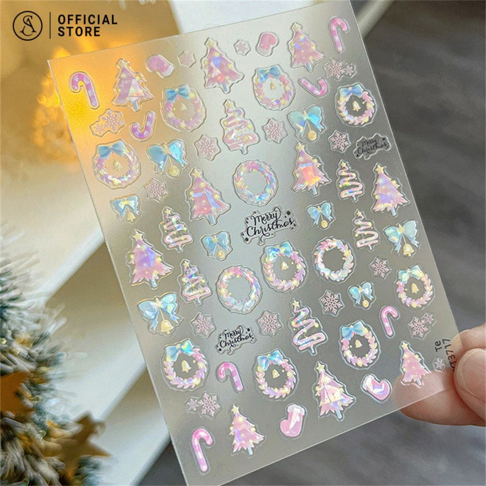 ต้นคริสต์มาสสีชมพู พวงมาลัยดอกไม้ สติ๊กเกอร์ติดเล็บ โบว์คริสต์มาส เปลือกแสงสติกเกอร์ตกแต่งเล็บที่สวยงาม