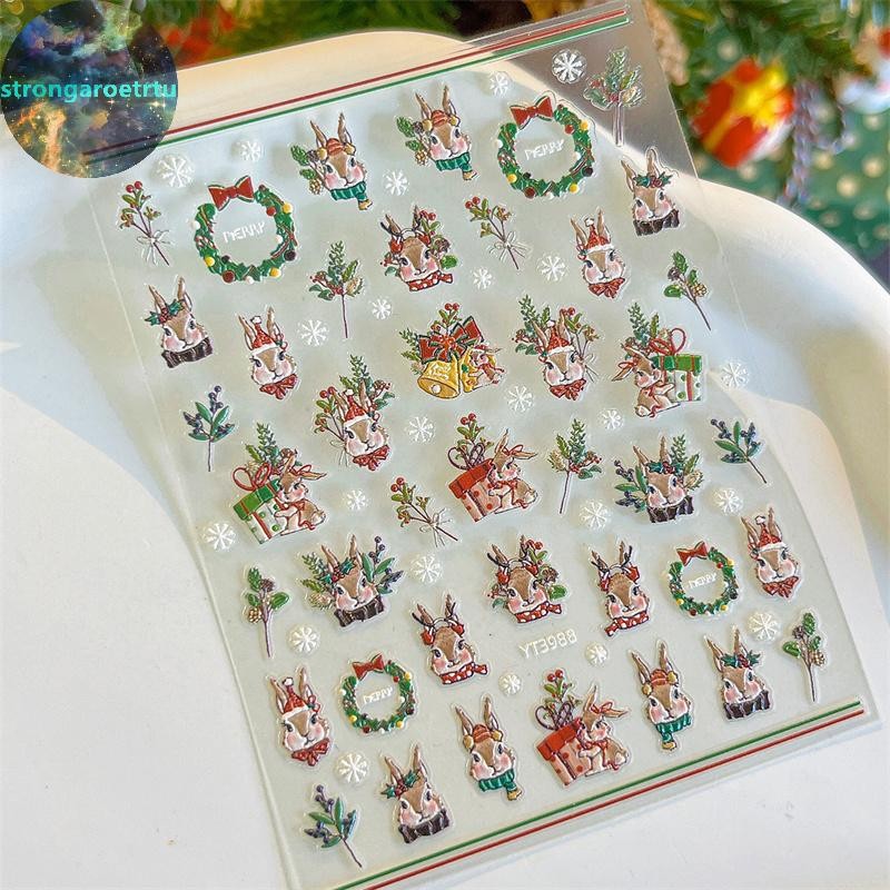 Strongaroetrtu 1 แผ่นสติกเกอร์เล็บคริสต์มาสรูปแบบ Christmas Nail Art Decals กาวเล็บ Decals คริสต์มาสกระต่าย Salon Supply TH