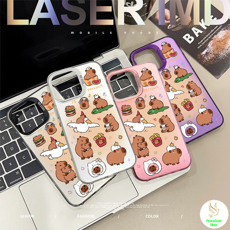 COD-ในไทย เคสคู่รัก ชีวิตประจำวันของ Capybara สําหรับ iPhone7 8 X 11 12 13 14 15 16เปลือกแข็งสีเงิน กันกระแทก พื้นหลังสี