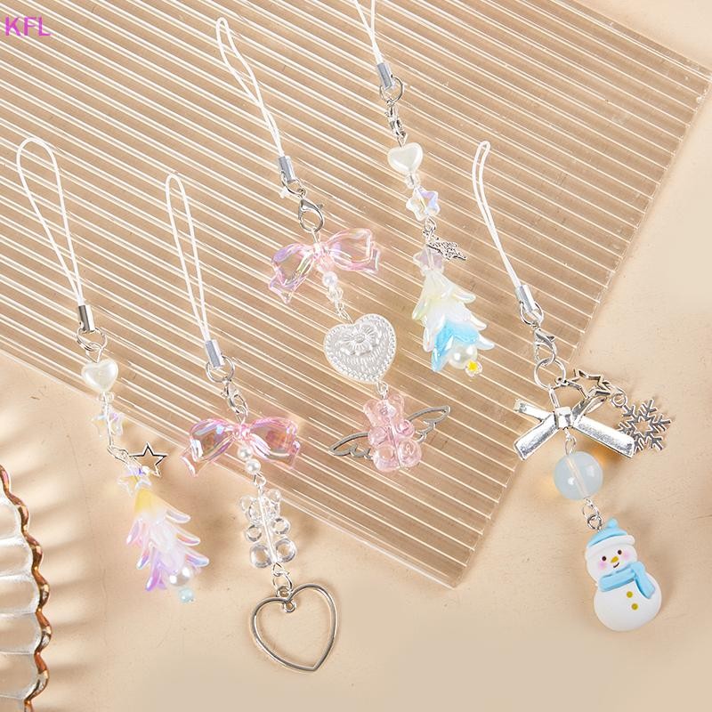 (KFL) Dainty ลูกไม้ริบบิ้นพวงกุญแจน่ารักจี้หัวใจพวงกุญแจลูกปัดโทรศัพท์ Lanyard กระเป๋าอเนกประสงค์อุปกรณ์ตกแต่งขายร้อน