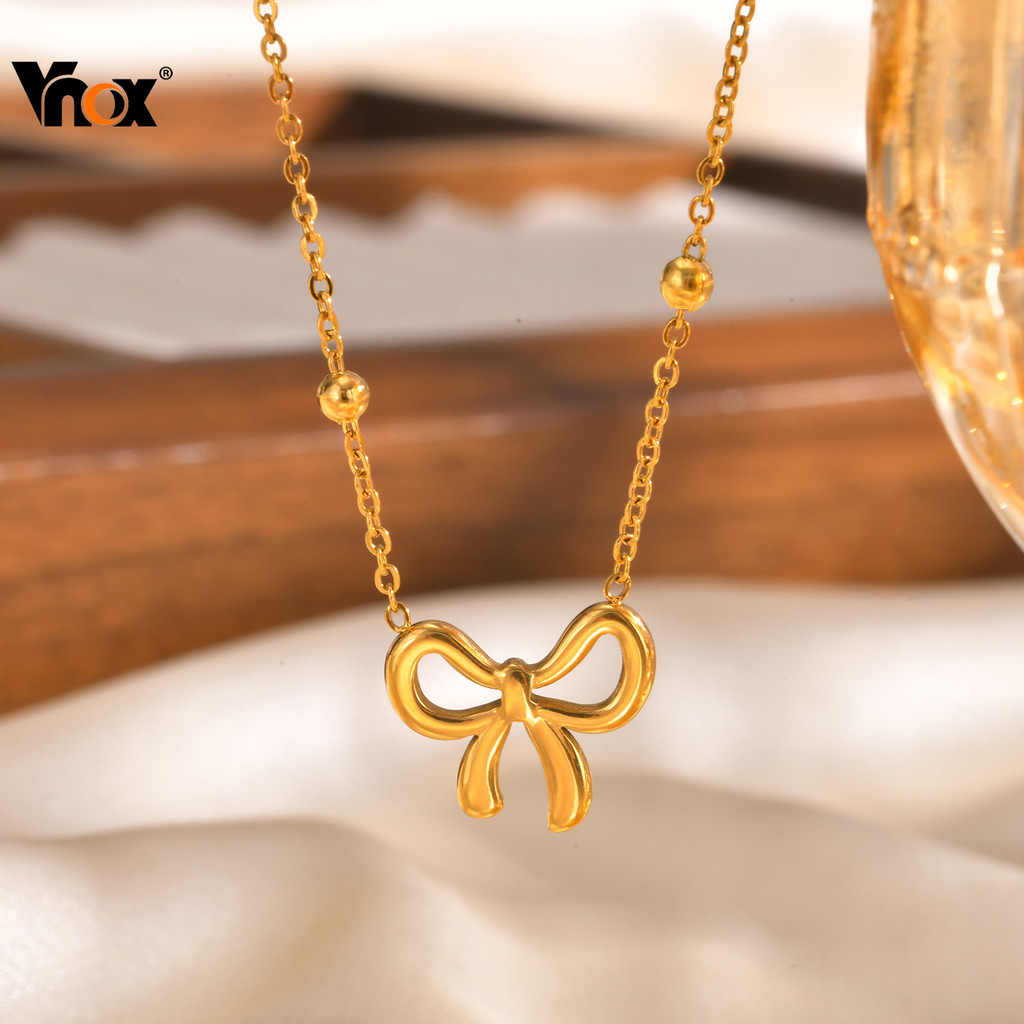 Vnox โบว์สร้อยคอลูกปัดผีเสื้อสําหรับผู้หญิง,18K Gold Dainty สแตนเลสสตีล Link Chain,ไม่ซีดจางของขวัญ Jewerly