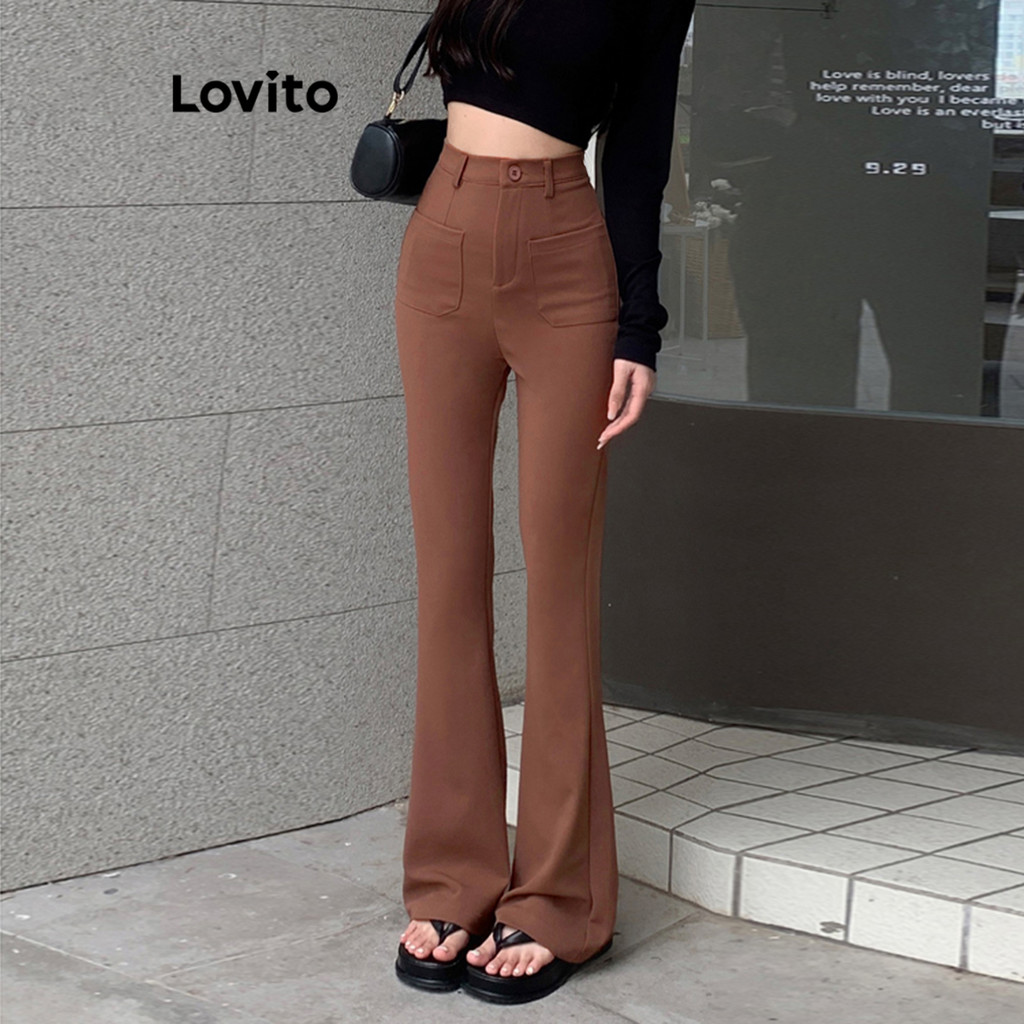 Lovito กางเกงผู้หญิง มีกระเป๋า มีซิป สีพื้น สไตล์ลำลอง LNE34032 (กาแฟ/ดำ)