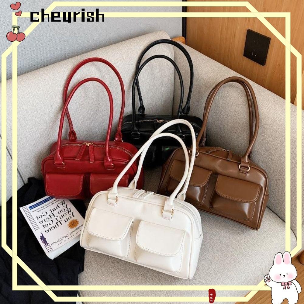 กระเป๋าสะพายข้าง CHEURISH, กระเป๋า PU Satchel Hobo ย้อนยุค, กระเป๋าสะพายสีทึบความจุสูง