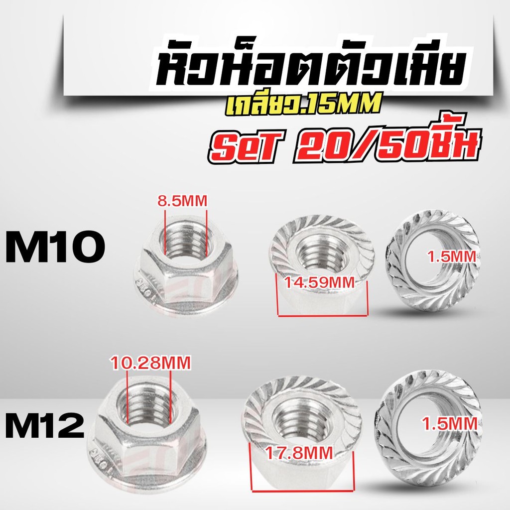 หัวน็อตตัวเมีย  M10 M12 น๊อตตัวเมียเหล็ก เงา ลายด้านล่าง  สแตนเลส304 เกลียว1.5มิล