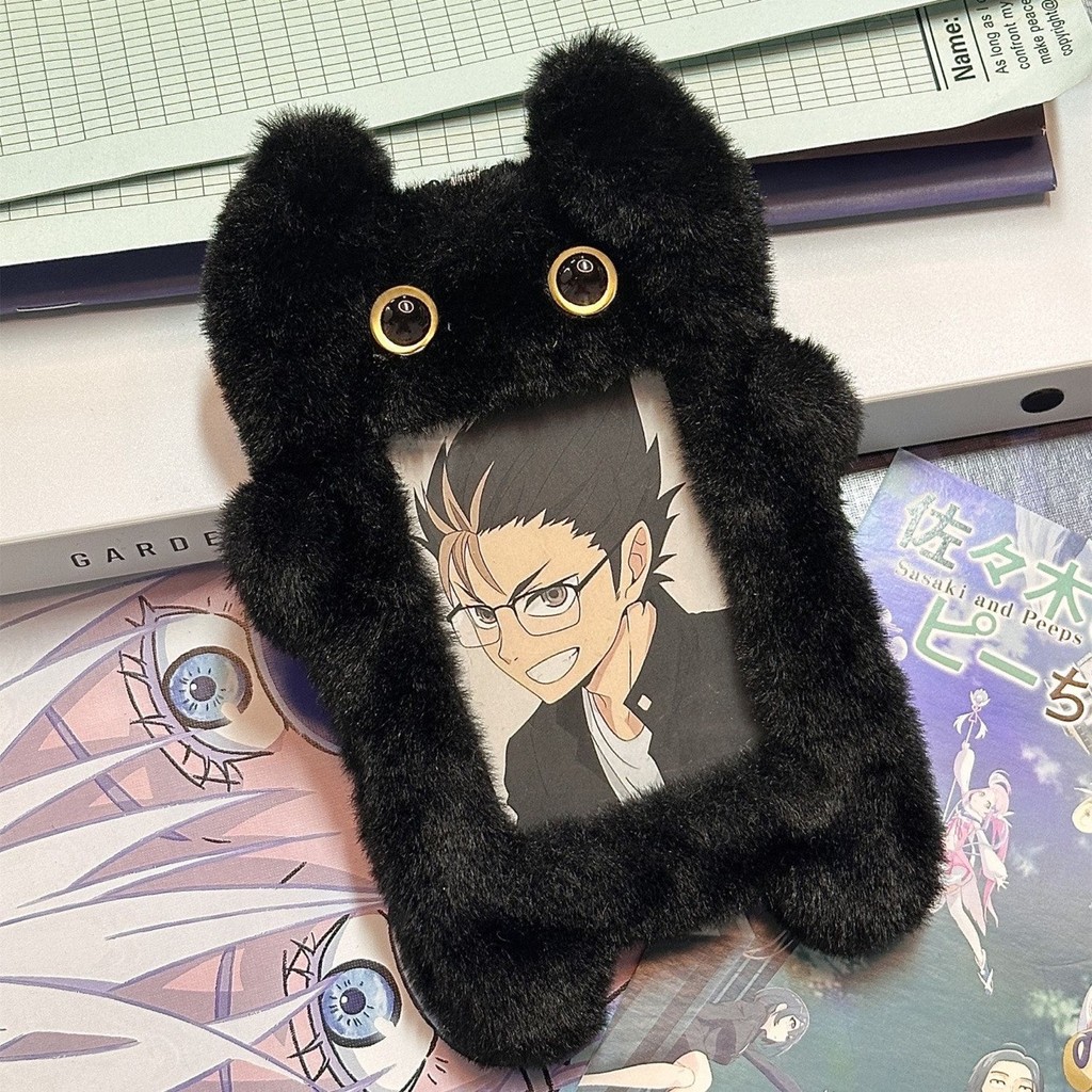 น่ารัก แมวสีดําตุ๊กตาผู้ถือบัตร3นิ้วไอดอลโพลารอยด์ถุงเก็บภาพออแกไนเซอร์นักเรียนวิทยาเขตบัตรรถบัสบัตรป้องกันกรณีภาพแข