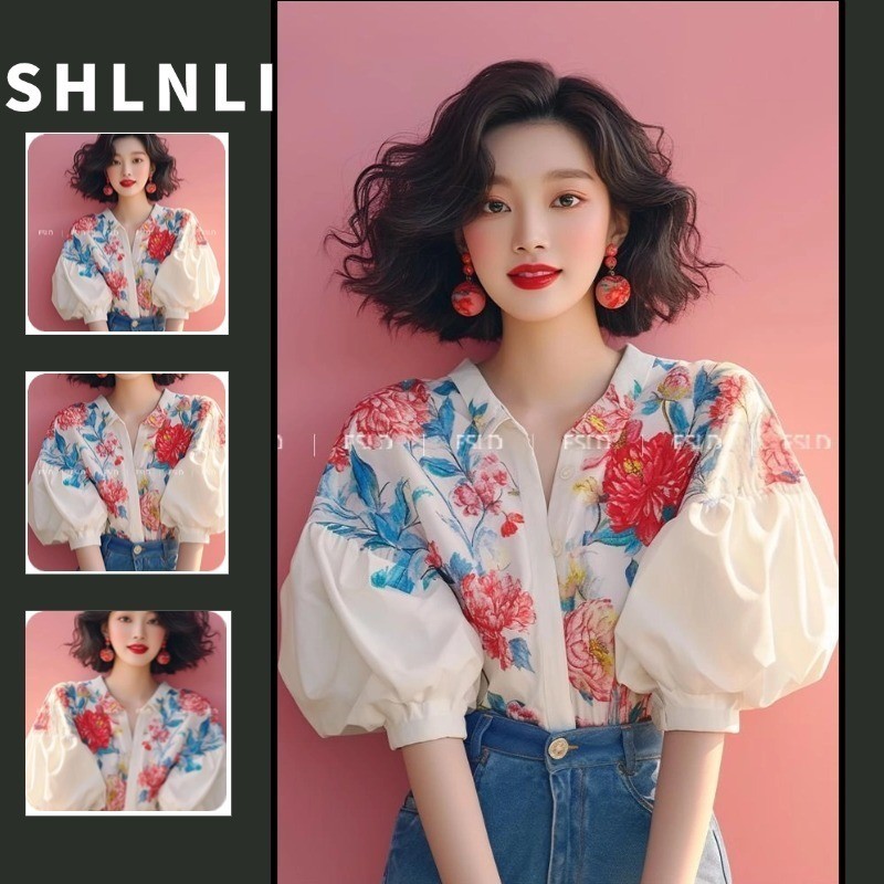 เสื้อเชิ้ตลายดอกไม้แขนฟองสไตล์ฝรั่งเศสสําหรับผู้หญิงฤดูร้อน