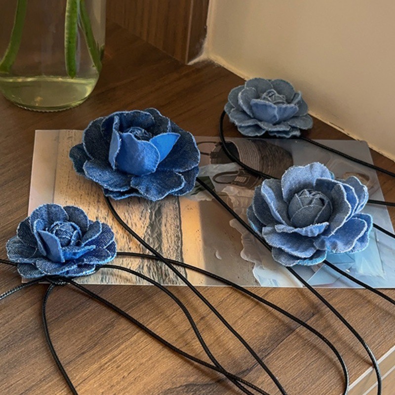 ใหม่ Blue Denim Camellia สร้อยคอผู้หญิง French Tie Premium Clavicle Chain สร้อยคอแฟชั่น