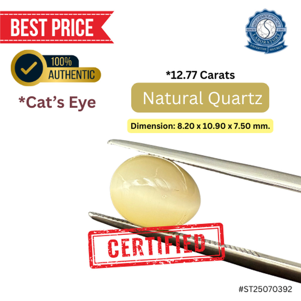 Natural Cat's Eye Quartz คอวทซ์ตาแมว (Oval Cabochon, 12.77 Cts.) พร้อมใบเซอร์แบบ Verbal