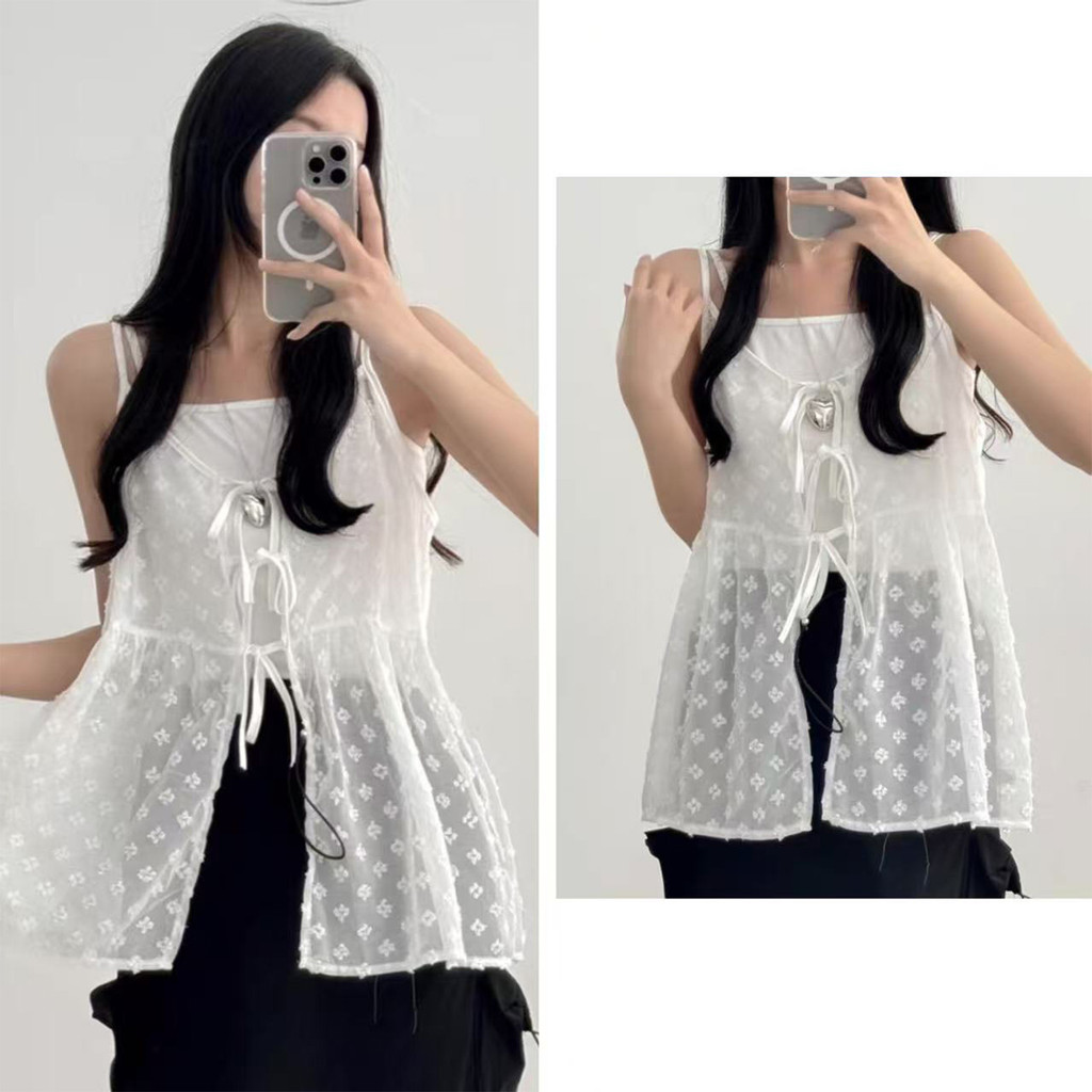 เสื้อสายเดี่ยวลูกไม้ ผ้าซีทรู ดีไซน์เกาหลีสุดชิค
