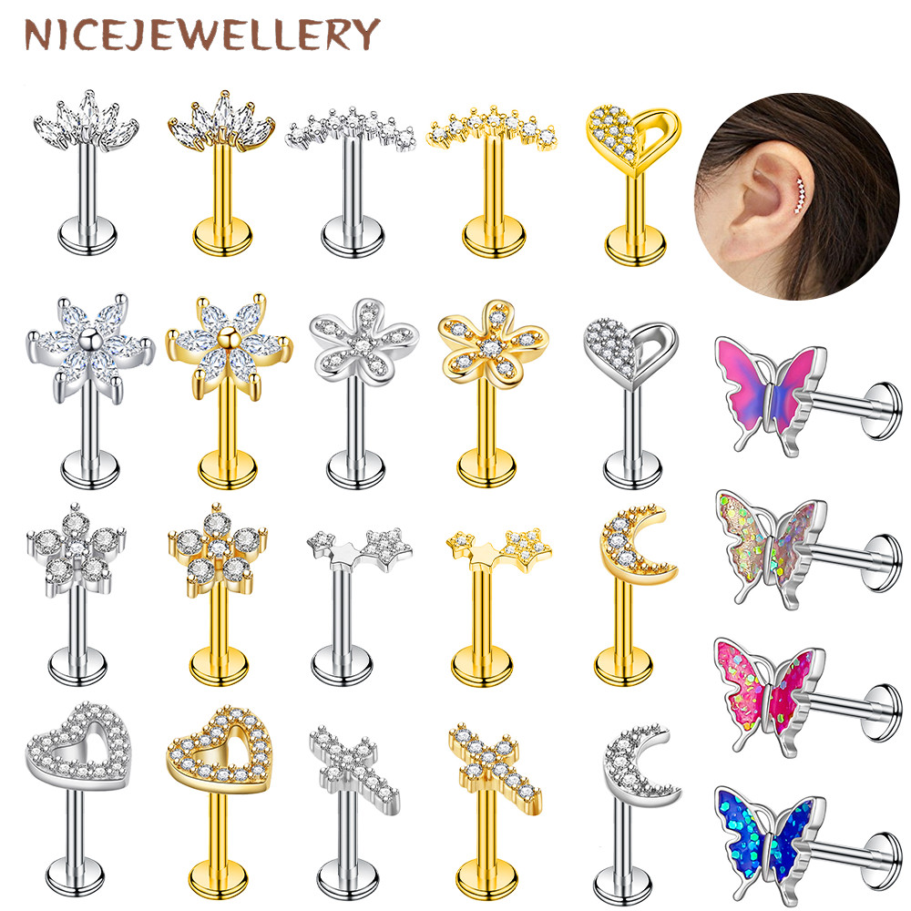 ต่างหูสเตนเลสสตีล 316L ออกแบบดอกไม้ สำหรับการเจาะ Tragus, Helix, Conch และ Labret ขนาด 16G