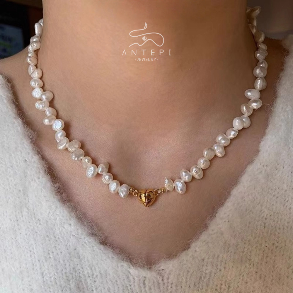 ATP 18K Vintage ไม่สม่ําเสมอ Baroque สร้อยคอมุกเทียม, กันน้ําสแตนเลส Anti-Allergy สร้อยคอผู้หญิง