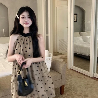 🌙ชุดเดรส,🌙2025 ฝรั่งเศสแขนกุดลูกไม้แขวนจุดคลื่นแต่งตัวผู้หญิงฤดูร้อนใหม่กระโปรงสั้นหลวม