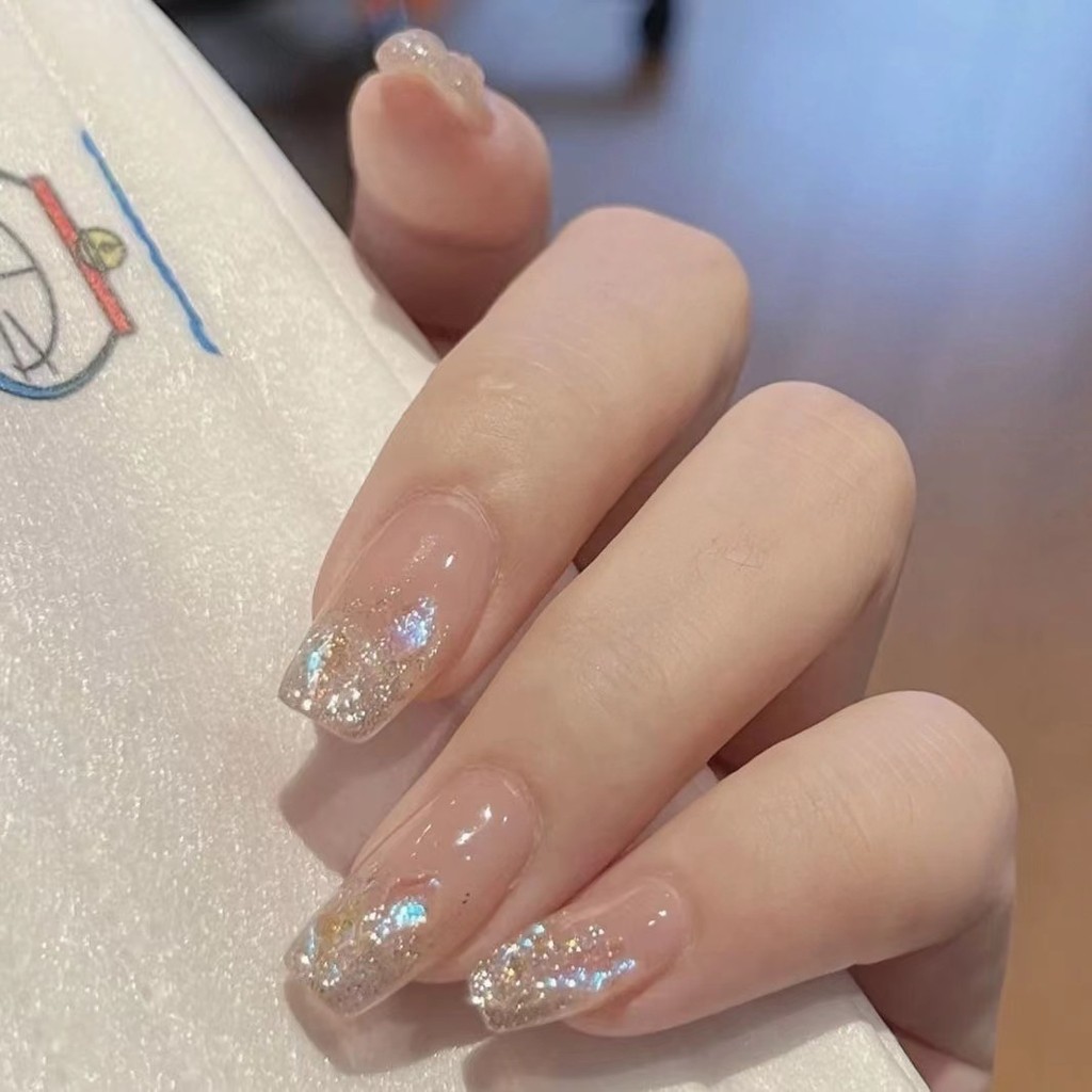 Pure Handmade ทําเล็บมือ ODDO สวมใส่ Handmade เล็บ Patch เพชร French Blush สวมใส่เล็บขนาดกลางยาวสีชม