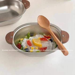ชามสแตนเลส  ชามสลัดผลไม้ insเกาหลีหูไม้  สแตนเลส304 พร้อมส่ง