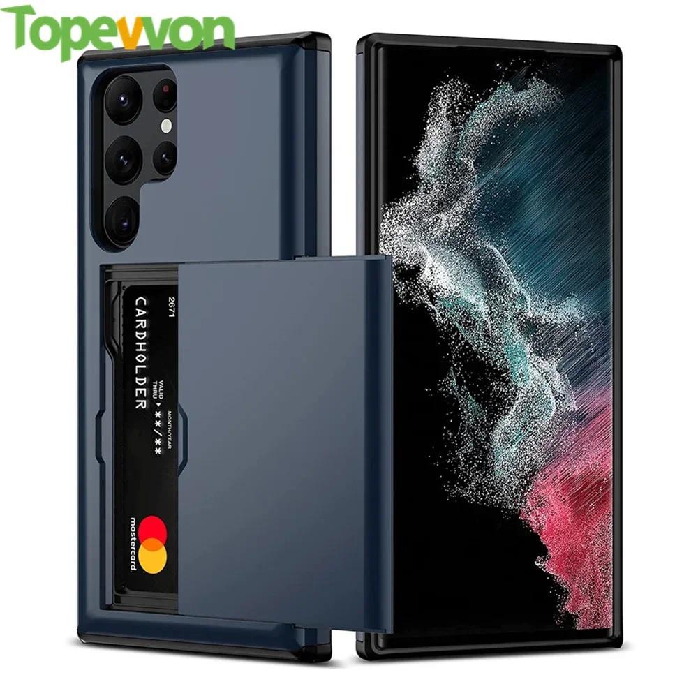 Topewon สําหรับ Samsung S25 S24 S23 S22 S21 Plus Ultra FE กรณี Hard Armor กระเป๋าสตางค์การ์ดสไลด์