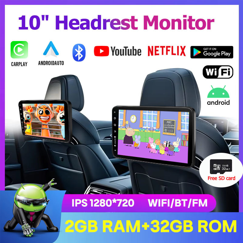 2G RAM + 32G 10 นิ้ว Android Car Headrest Monitor พร้อมไร้สาย Apple CarPlay Android Auto IPS 1280 * 